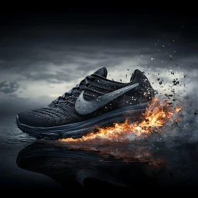 Fiery Nike Shoe on Water Reflection