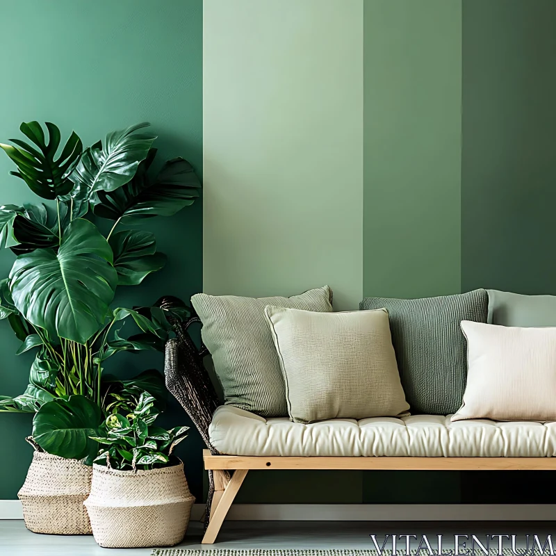 Green Wall Interior with Plant and Couch AI Image