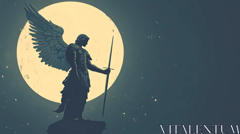 Winged Sentinel: Angel Statue Under Moonlight AI Image