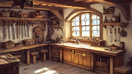 Vintage Workshop Interior with Sword Collection