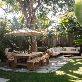 Tranquil Backyard with Wooden Furniture