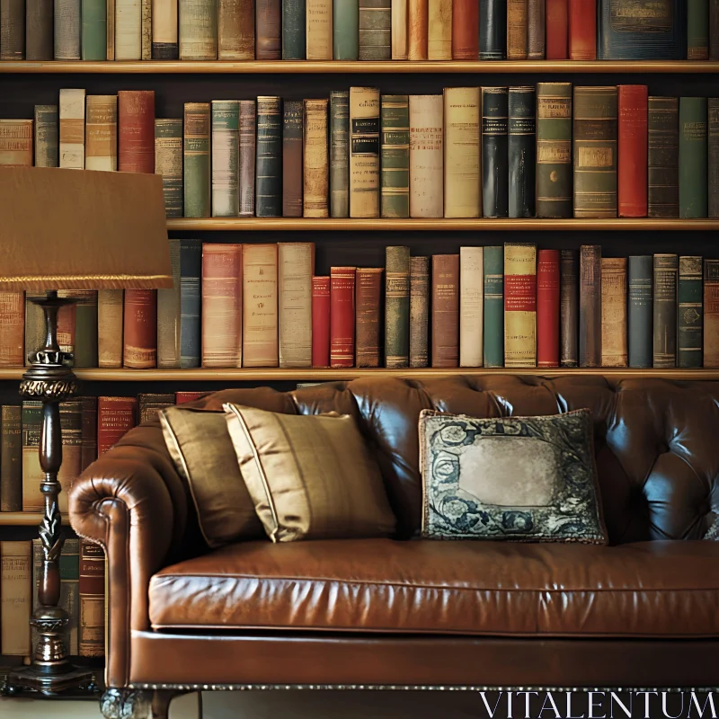 Cozy Bookshelf and Leather Couch Scene AI Image