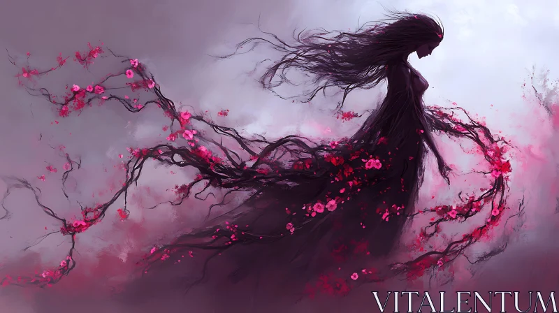 Silhouette of Woman with Cherry Blossoms AI Image