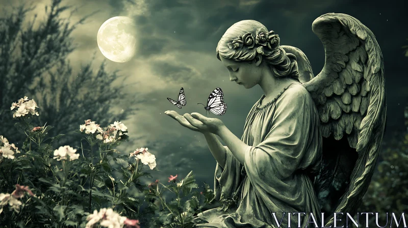 AI ART Moonlit Angel Statue with Butterflies