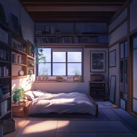 Sunlit Bedroom with Bookshelves