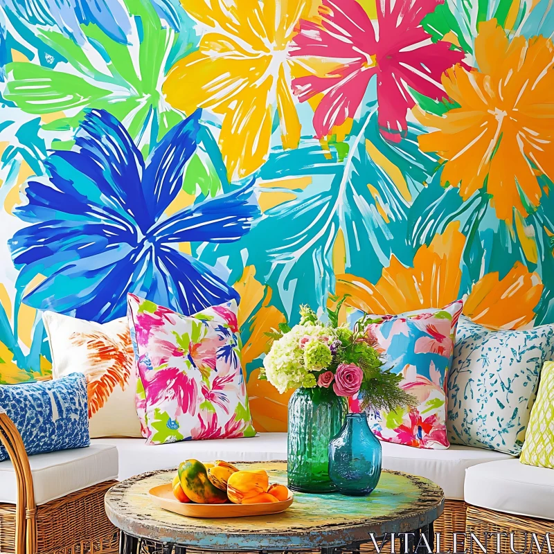 AI ART Bright Floral Interior with Cozy Pillows