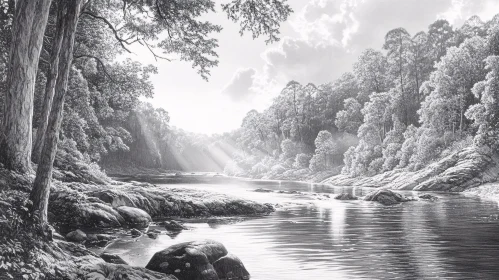 Tranquil Black and White River Landscape