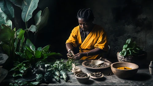 Woman Working with Herbs in Natural Setting