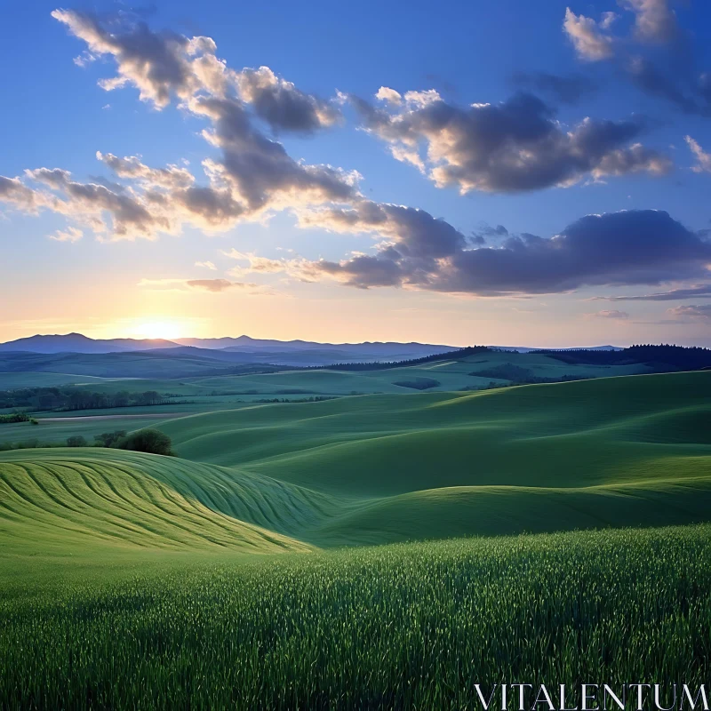 Picturesque Green Fields Landscape at Sunset AI Image