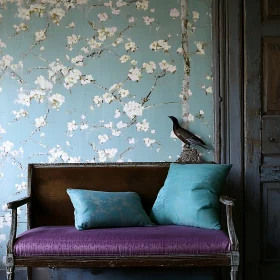 Floral Wallpaper and Bird on Couch