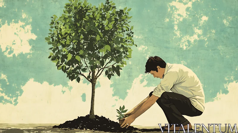 Man Planting Sapling Near Mature Tree AI Image