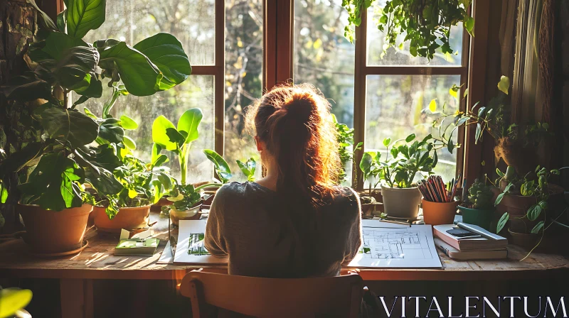 Serene Workspace with Indoor Greenery AI Image