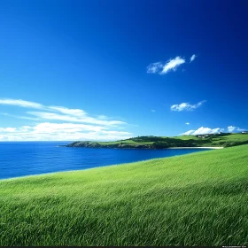 Coastal Landscape with Green Field and Sea