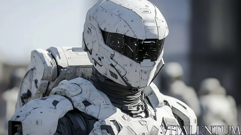 Futuristic White Robot in Worn Armor AI Image