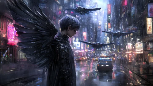 Neon Angel in Futuristic City