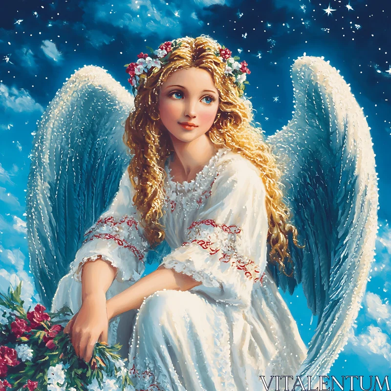 Angel with Flowers and Wings AI Image