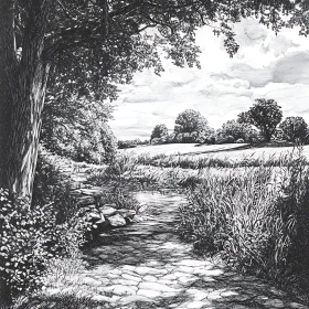 Black and White Rural Scene with Stream