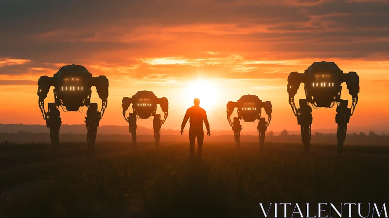 AI ART Sunset Encounter with Giant Robots