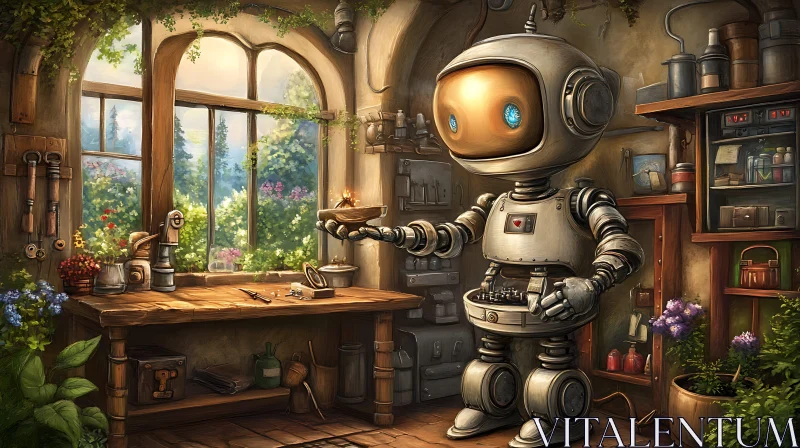 Robot Holding Bowl in Cozy Workshop AI Image