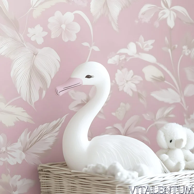 AI ART Swan Figurine with Floral Wallpaper