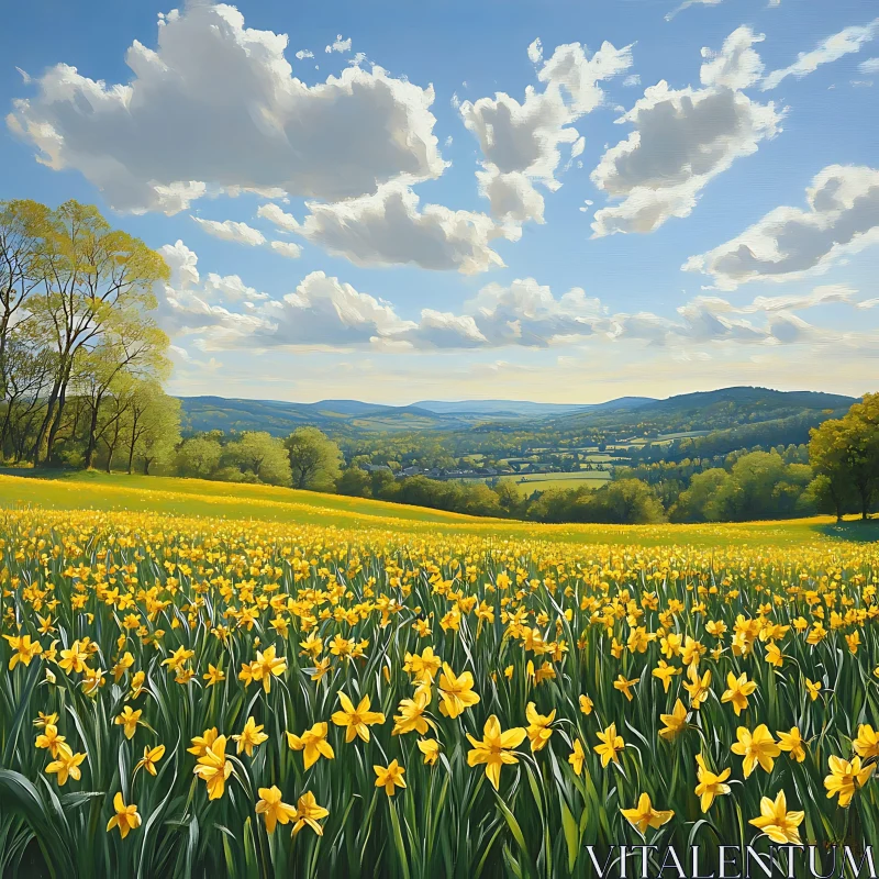 AI ART Yellow Daffodils in a Sunny Field