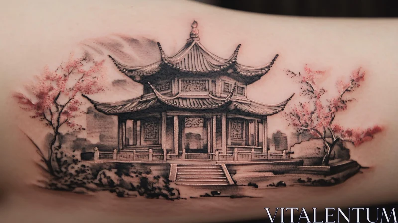 AI ART Japanese Architecture with Cherry Blossom Tattoo