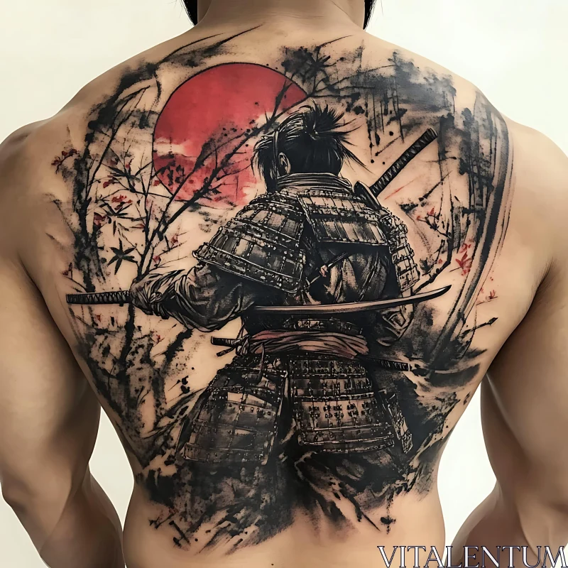 Samurai Tattoo Art with Red Sun and Nature Elements AI Image