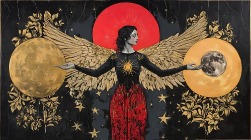 Winged Woman Between Moons Painting