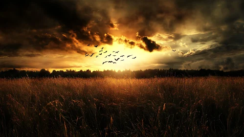 Sunset Over Field With Birds