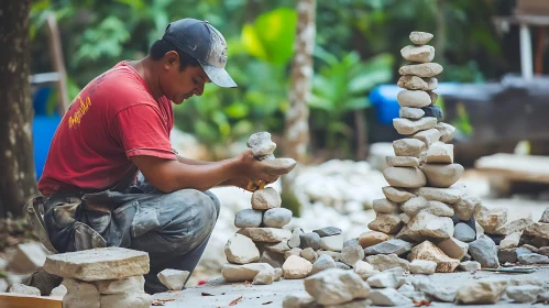 Stone Balancing Art: Man Creates Cairn