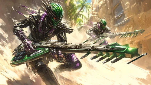 Green and Purple Cyborgs with Guitars