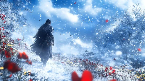 Snowy Vista with Figure and Red Flowers