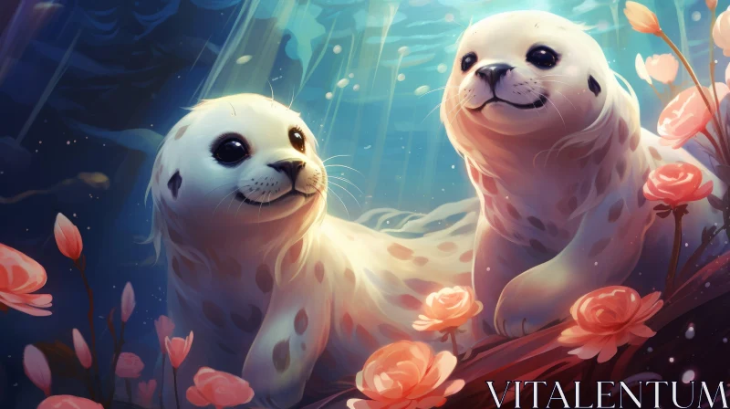 Charming Illustration of Two Seals by the Sea Amidst Flowers AI Image