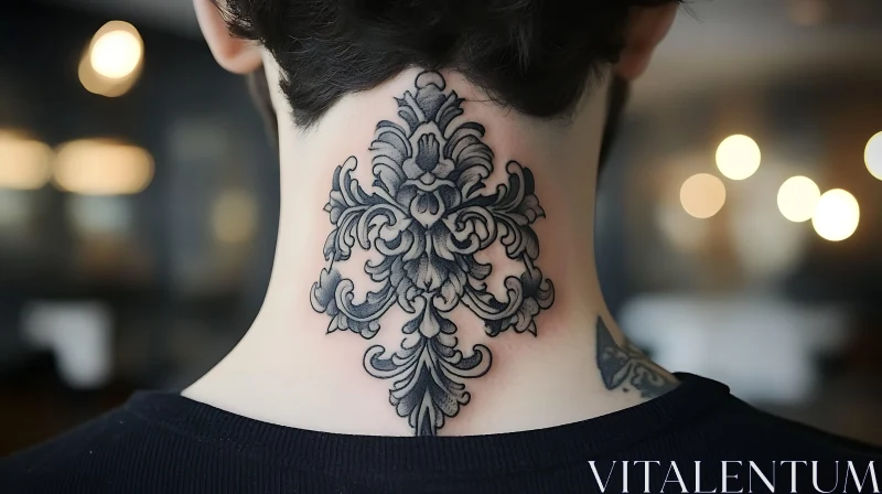 Symmetrical Black Ink Floral Neck Tattoo AI Image