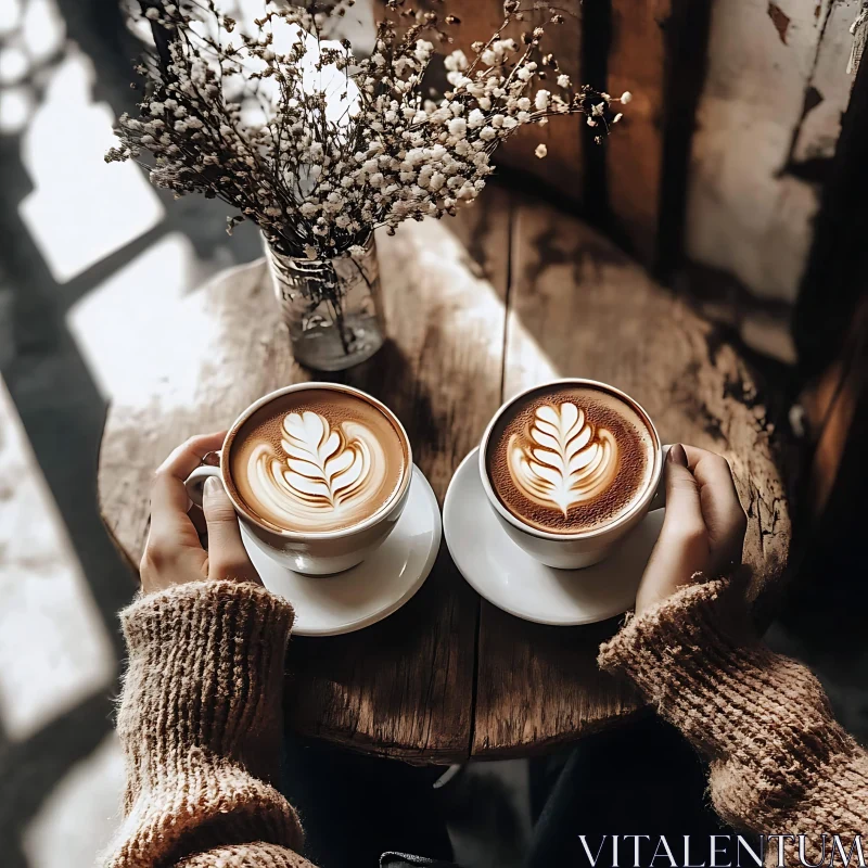 Two Cups of Coffee with Floral Design AI Image