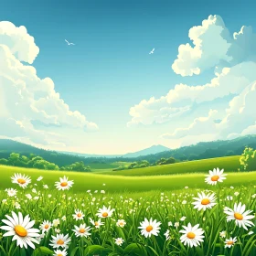 Blooming Meadow with White Daisies