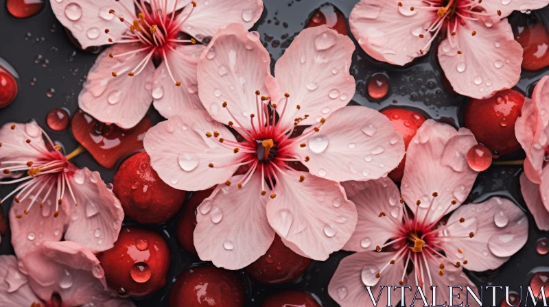 Exquisite Cherry Blossoms with Water Drops: A Still Life Study AI Image
