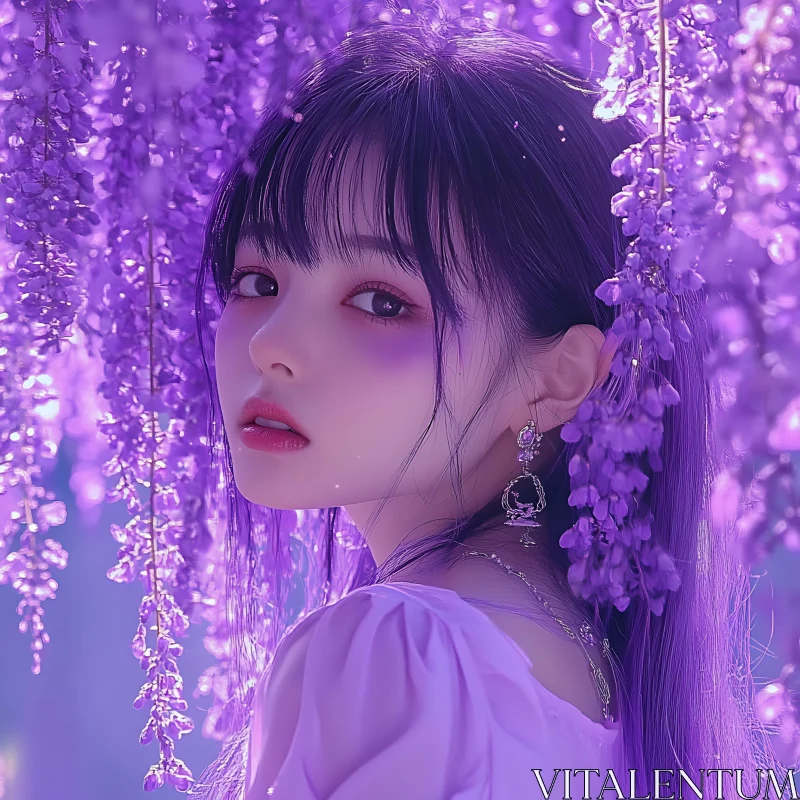 Dreamy Portrait of Woman in Wisteria Garden AI Image