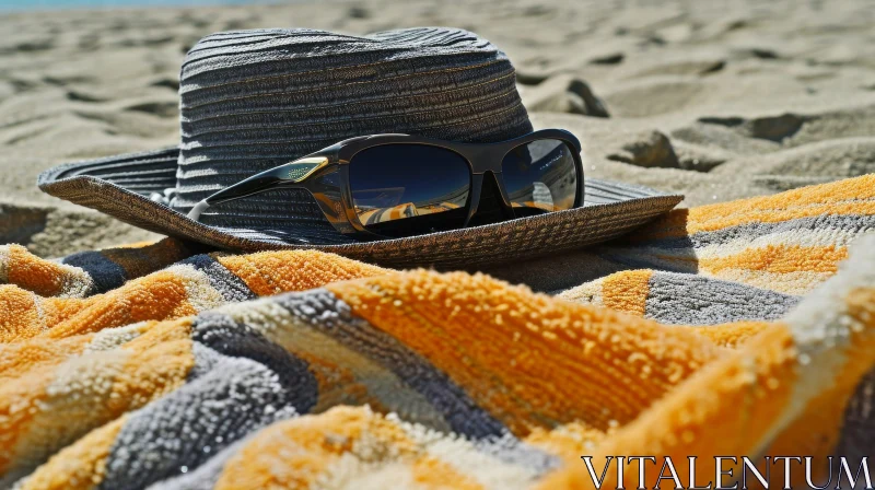 Gray Beach Hat and Sunglasses on Striped Towel AI Image