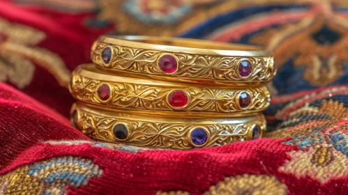 Intricate Floral Design - Gold Rings with Gemstones on Red Velvet