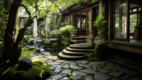 Serene Japanese Garden: Dreamlike Architecture and Organic Stone Carvings