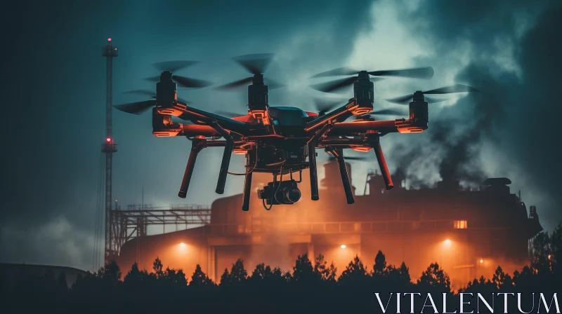 Unmanned Drone over Factory at Night: An Image of Environmental Activism AI Image