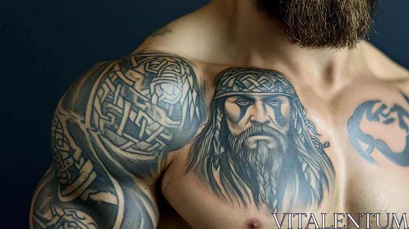 Intricate Viking Tattoo on Muscular Chest and Shoulders AI Image