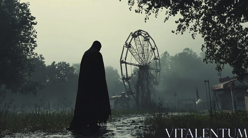 Cloaked Figure at Abandoned Fairground AI Image