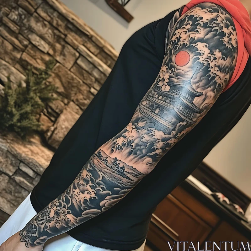 Detailed Pagoda Sleeve Tattoo AI Image