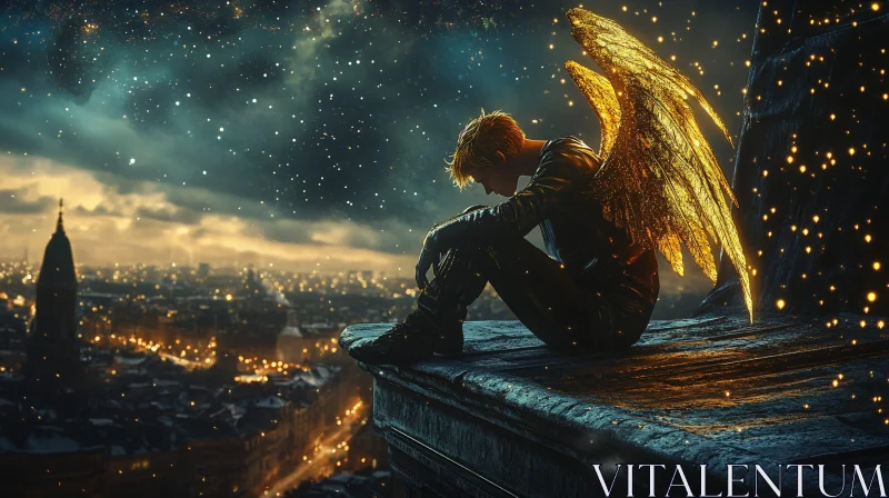 AI ART Golden Wings Angel Contemplating City View