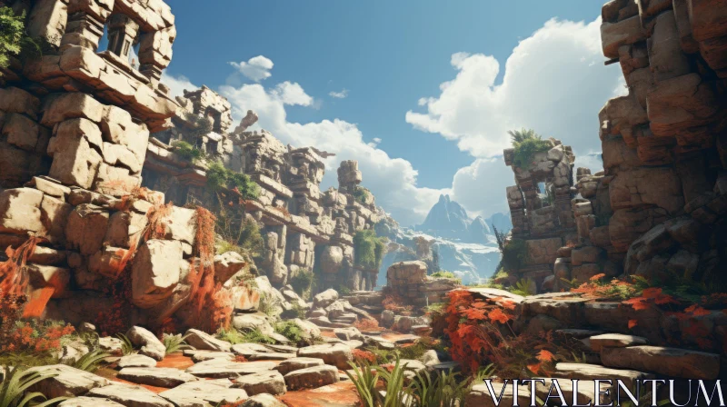 3D Artwork of Jungle Scenery with Elaborate Rocks and Water AI Image