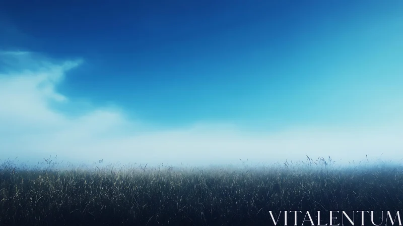 AI ART Foggy Field with Grass and Blue Sky