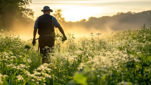 Man Walking in a Flower Field