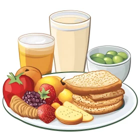 Illustrated Breakfast Plate with Fresh Fruits and Beverages